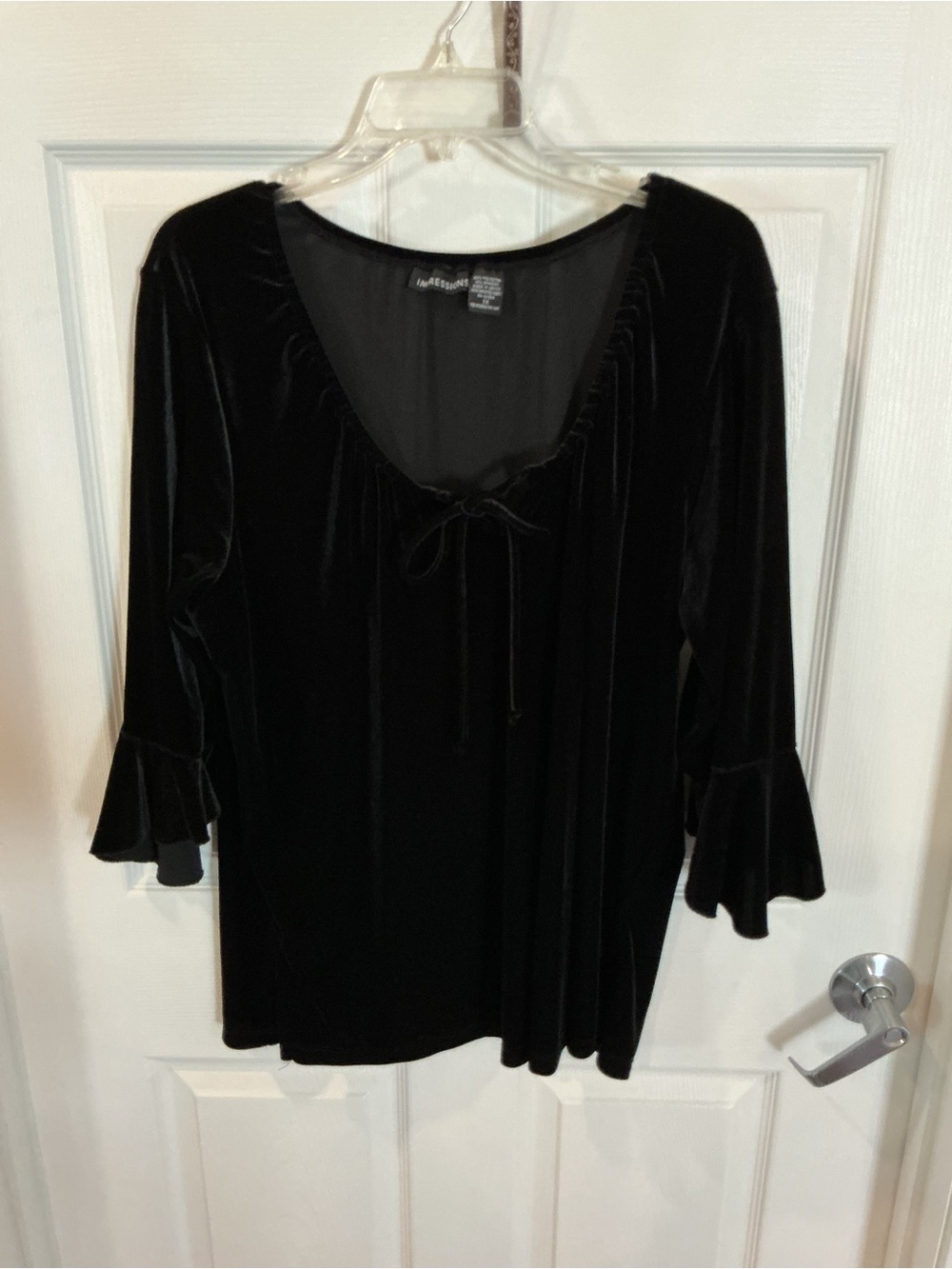 Impressions Black Velvet Tie-Neck Bell Sleeve Top